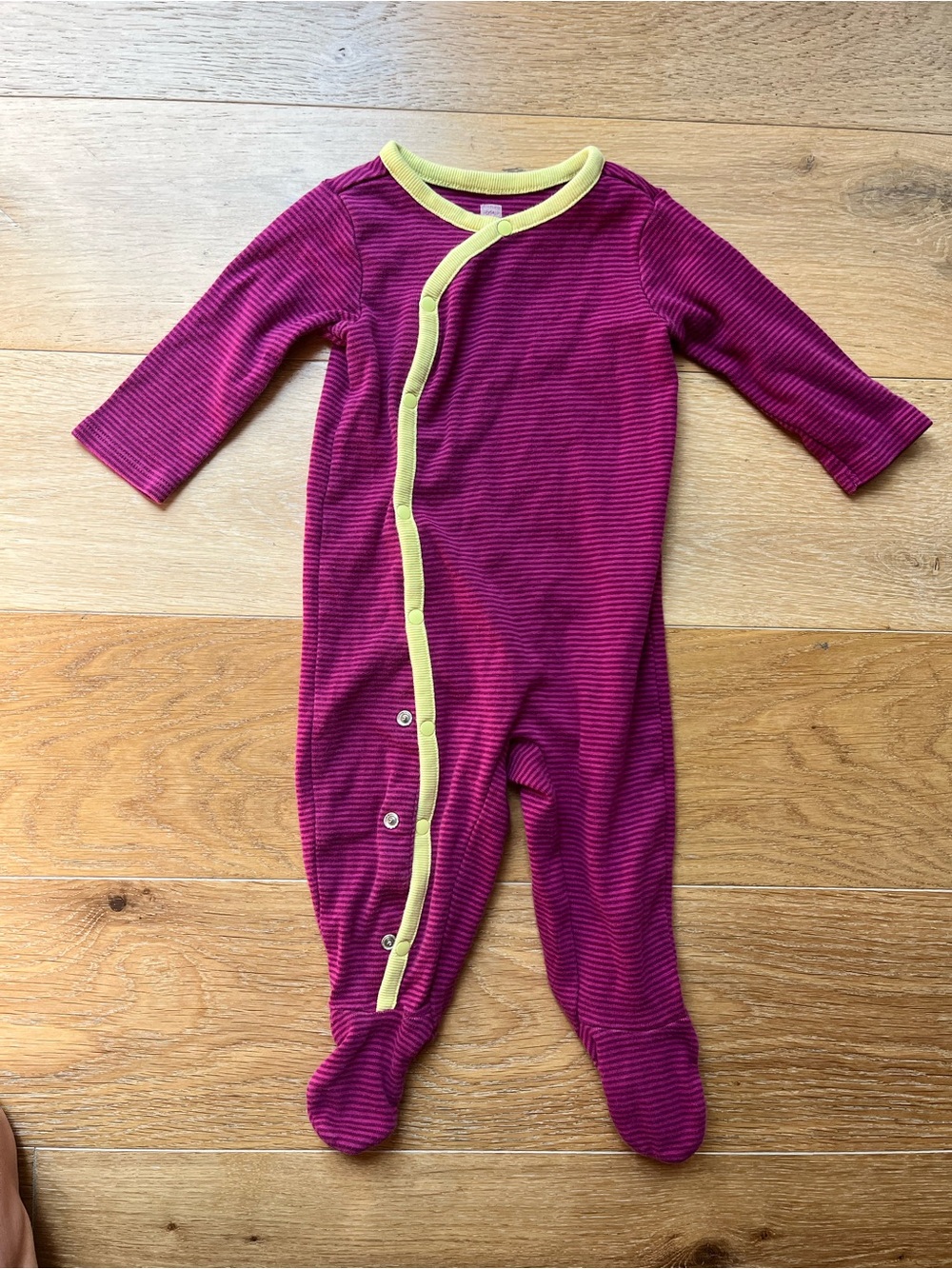 Tea 3-6mos Magenta Striped Footed One-Piece with Yellow Trim